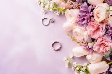 A beautifully arranged flat lay featuring a delicate bridal bouquet and gleaming wedding rings, providing ample empty space for customized text or designs.