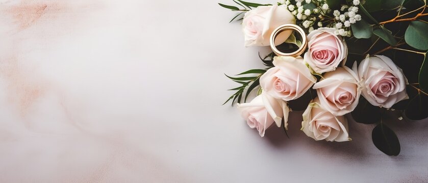 A beautifully arranged flat lay featuring a delicate bridal bouquet and gleaming wedding rings, providing ample empty space for customized text or designs.