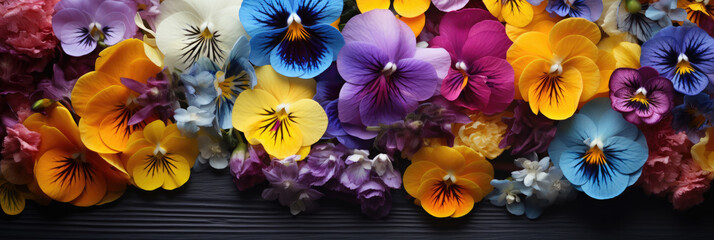 yellow blue purple Pansies violets flowers, on sunny garden background, close up
