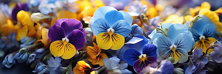 Fototapeten yellow blue  Pansies violets flowers, on sunny garden background, close up banner © nnattalli