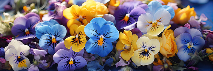 Close up of yellow blue purple Pansies violets flowers, banner 