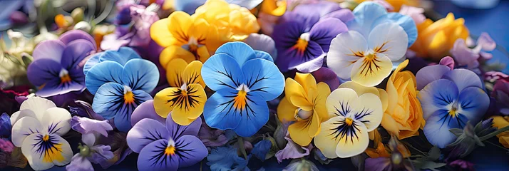 Gordijnen Close up of yellow blue purple Pansies violets flowers, banner  © nnattalli