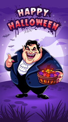 Halloween greeting card with a smiling vampire Dracula holding a basket of sweets. Night background with moon and bats