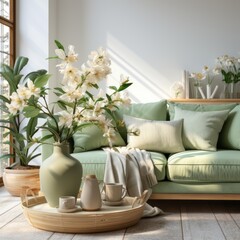 Fototapeta na wymiar home interior design element close up freshness flower vase on coffee table in living room with background of green bright colour sofa and pillow daylight cosy comfort home interior background