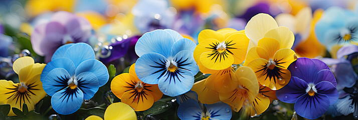 yellow blue Pansies violets flowers, on sunny garden background, close up banner 