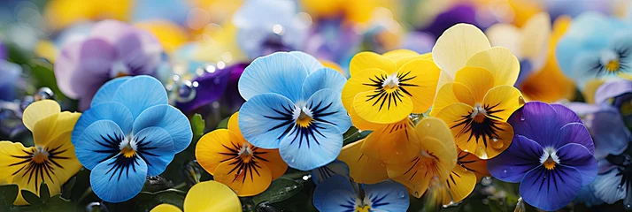 Poster yellow blue Pansies violets flowers, on sunny garden background, close up banner  © nnattalli