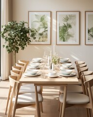 Obraz premium beautiful cosy natural contemporary interior dining room area with bright and clean design element earth tone material color scheme decorating house beauty background