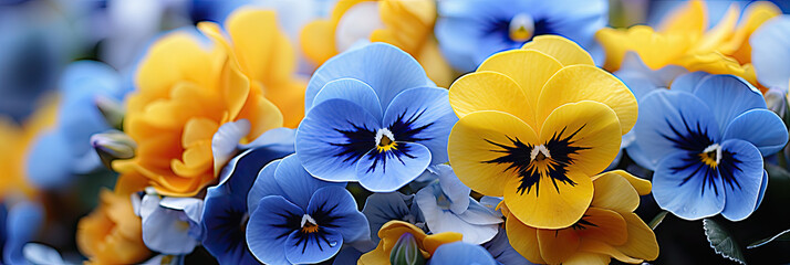 yellow blue Pansies flowers, in sunny garden background, close up banner 