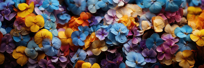 yellow blue  Pansies violets flowers, on sunny garden background, close up panoramic - obrazy, fototapety, plakaty