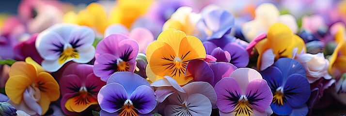 yellow purple Pansies violets flowers, close up banner background 
