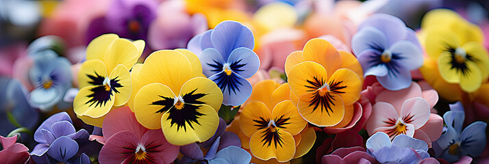 yellow blue Pansies flowers, on sunny garden background, close up banner 