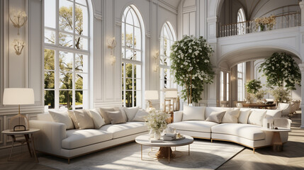 Fototapeta na wymiar Interior Design Luxurious modern Living room, minimal tall window, Cozy sofa, serene nature scenery, Elegant villa