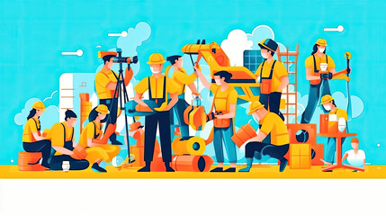 Construction workers set, repair service employees, builders, repairmen and renovation foremen with professional tools isolated line art flat vector illustration. Generative Ai