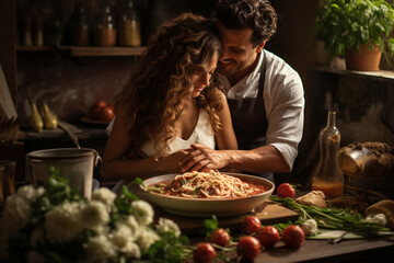Fototapeta na wymiar appetizing photo of the newlyweds sharing a romantic moment while preparing authentic Italian pasta together, emphasizing the culinary delights of an Italian wedding. Photo