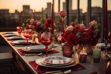 elegant photo of the bachelorette dinner on a rooftop with cityscape views, highlighting sophistication and style. Photo