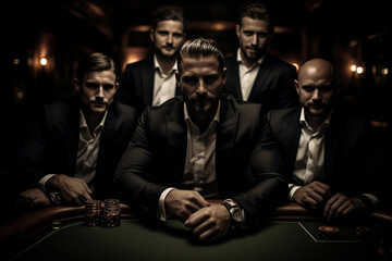 stylish photo of the groom and his pals gathered around a poker table, embodying the essence of a classic casino night. Photo
