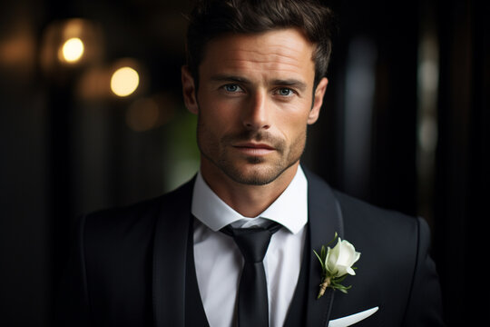 close-up portrait photo of the groom with a confident and charismatic expression, capturing his last moments of bachelorhood. Photo