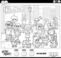 counting cartoon children and dogs educational activity coloring page