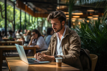 Freelancer or 30s young man in gray shirt with working by laptop in cafe or coworking space. Close up