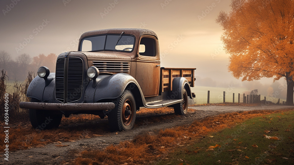 Wall mural A vintage blue pickup truck loaded. Misty mountains in the background.