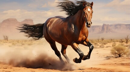 In the desert, a bay horse is galloping. - obrazy, fototapety, plakaty