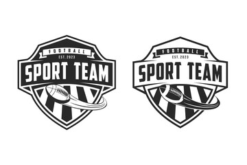 American Football sport logo. Vintage football logo with ball. American Football retro logo. Vintage badge with text and ball silhouette. Vector illustration