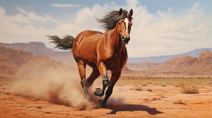 In the desert, a bay horse is galloping.