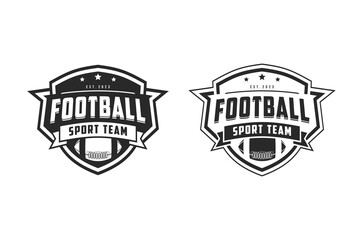 American Football sport logo. Vintage football logo with ball. American Football retro logo. Vintage badge with text and ball silhouette. Vector illustration