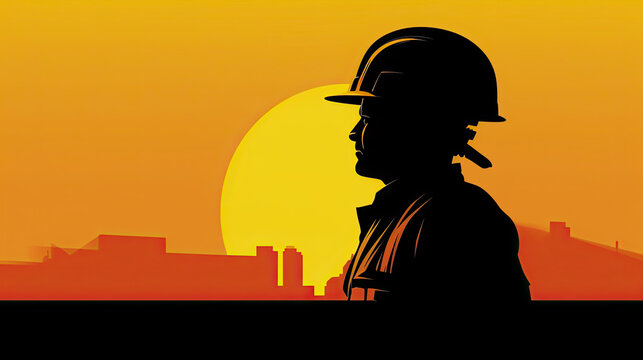 Side view portrait of Silhouette image happy construction worker wearing safety helmet and plastic helmet, flat vector illustration. Generative Ai