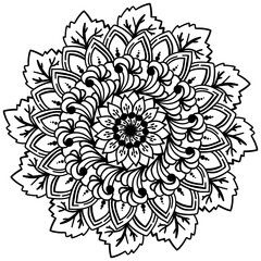 Mandala in the shape of a flower with berries and leaves, natural doodle coloring page for kids and adults