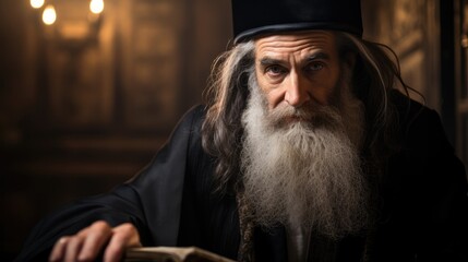 Portrait of an old jewish man with a long beard reading the bible