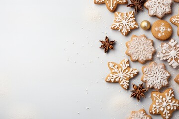 A delightful flat lay capturing warm Christmas cookies elegantly placed on a snowy table, invoking festive coziness and delicious holiday treats.