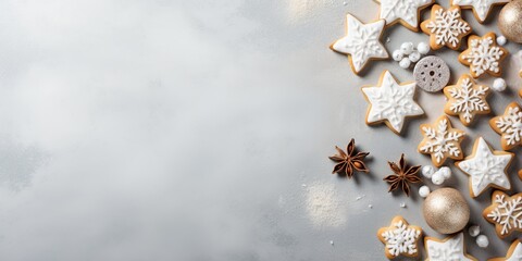 A delightful flat lay capturing warm Christmas cookies elegantly placed on a snowy table, invoking festive coziness and delicious holiday treats.