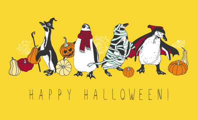 Obraz premium Happy Halloween greeting card. Penguins in costumes