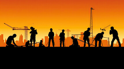 Silhouette of a Group of Construction Workers doing happy Work poses wearing safety guards and plastic helmets. flat vector illustration. Generative Ai