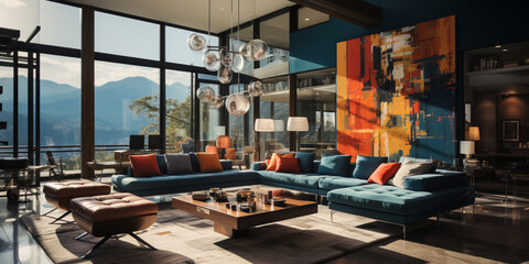 Interior Design modern Living room, windows show stunning view of the city skyline, Apartment room