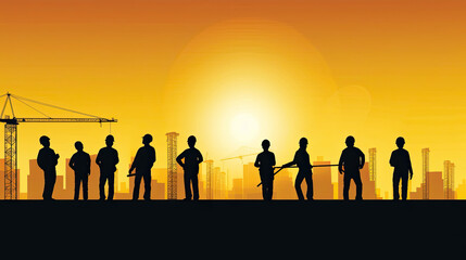 Fototapeta premium Silhouette of a Group of Construction Workers doing happy Work poses wearing safety guards and plastic helmets. flat vector illustration. Generative Ai