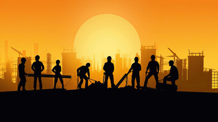 Fototapeta na wymiar Silhouette of a Group of Construction Workers doing happy Work poses wearing safety guards and plastic helmets. flat vector illustration. Generative Ai