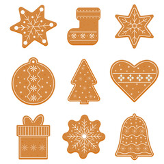 Christmas gingerbread cookies isolated on white background. Set of holiday cookies. Christmas pastries, gingerbread cookies with festive decoration. Suitable for decoration gift paper, greetings card.