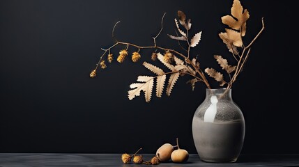 a glass vase with a branch and some leaves in it.  generative ai