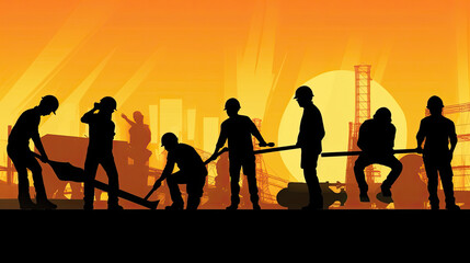 Fototapeta na wymiar Silhouette of a Group of Construction Workers doing happy Work poses wearing safety guards and plastic helmets. flat vector illustration. Generative Ai