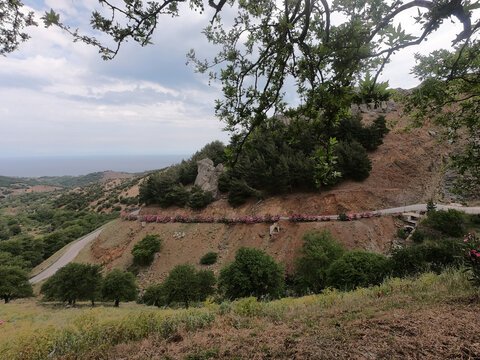View of road to mountain village Chora on the island  Samothrace, Greece,  in Aegean sea.