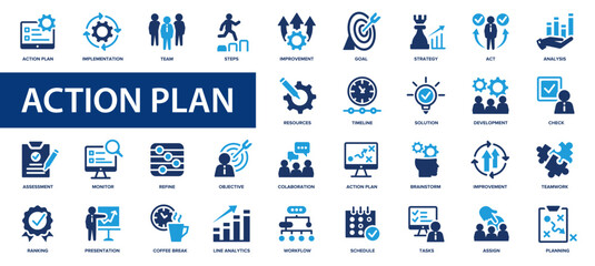 Action plan flat icons set. Goal, team, timeline, schedule, strategy, analysis, tasks, planning. Flat icon collection. - obrazy, fototapety, plakaty