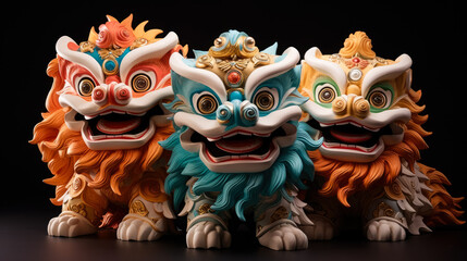 Dancing dragons and lions props from Asian New Year isolated on a white background  - obrazy, fototapety, plakaty
