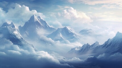 picturesque snowy mountains with peaks hidden under fluffy clouds.