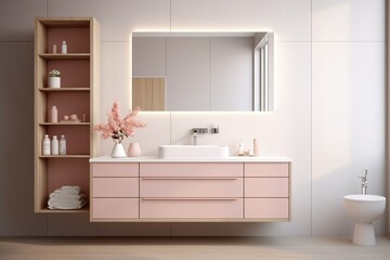 Fototapeta na wymiar Modern minimalist bathroom interior, modern pink bathroom cabinet generative AI