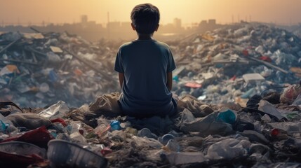 Looking at a room full of garbage after the war destroyed his city, the back of a child in a slum community is sad and sad.