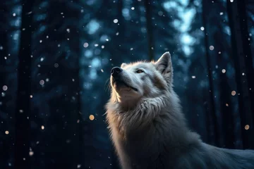 Selbstklebende Fototapeten a wolf looking up at the moon  © Natalia