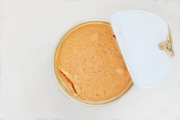 Pate for cats and dogs in metal container. Food for animal. Conserved nutrition. Place for text. Top view.