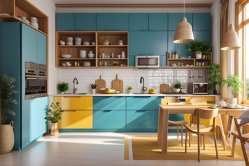 An Eye catching picture of an Architect designed Modern Kitchen interiors with cabinets, shelves, dining area in contrast colors with natural lighting.